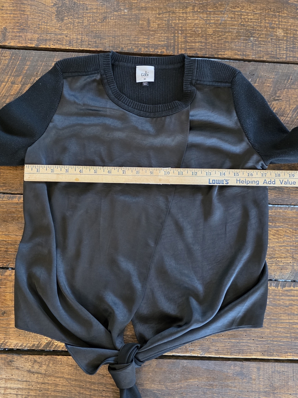 Cabi Black Mixed Media Satin Knit Tie Front Top XS/ Minimalist Monocrome - Picture 5 of 6